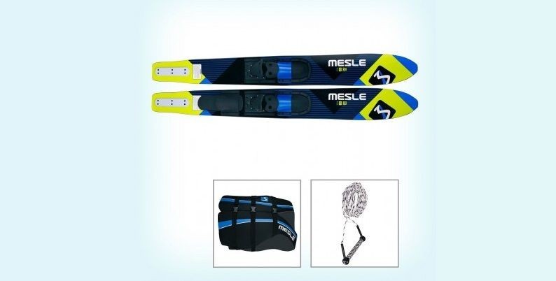 Sets of skis with a rope, bindings, a life jacket